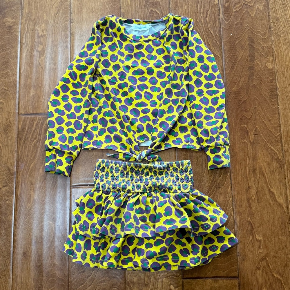 Size 6 purple gold and green leopard skirt set